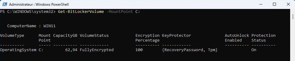 Poste Windows 11 entièrement chiffré par BitLocker : chiffrement à 100 %, protection active, clé de récupération et puce TPM